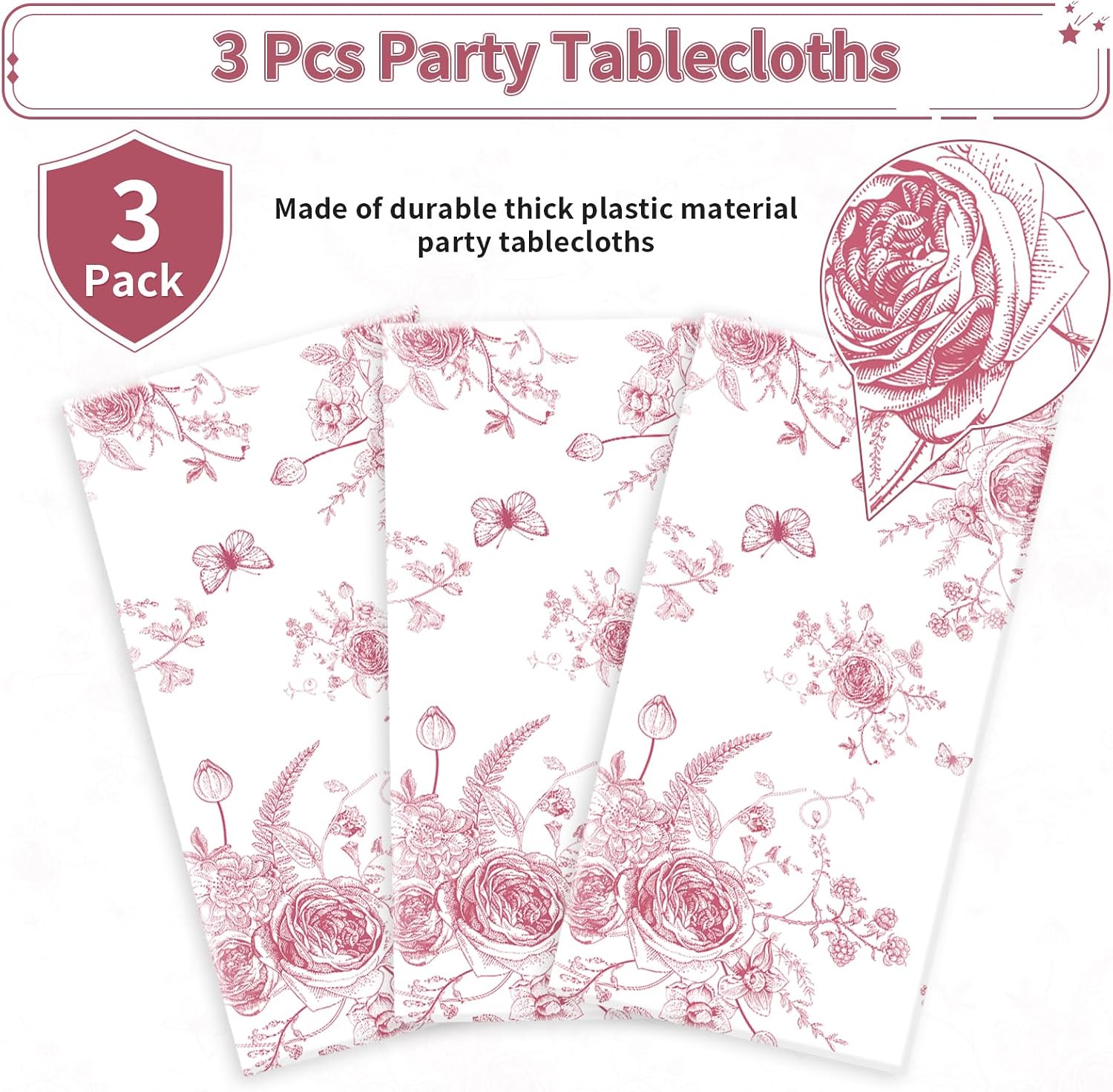 Tea party tablecloth draped on party table with garden themed decorations