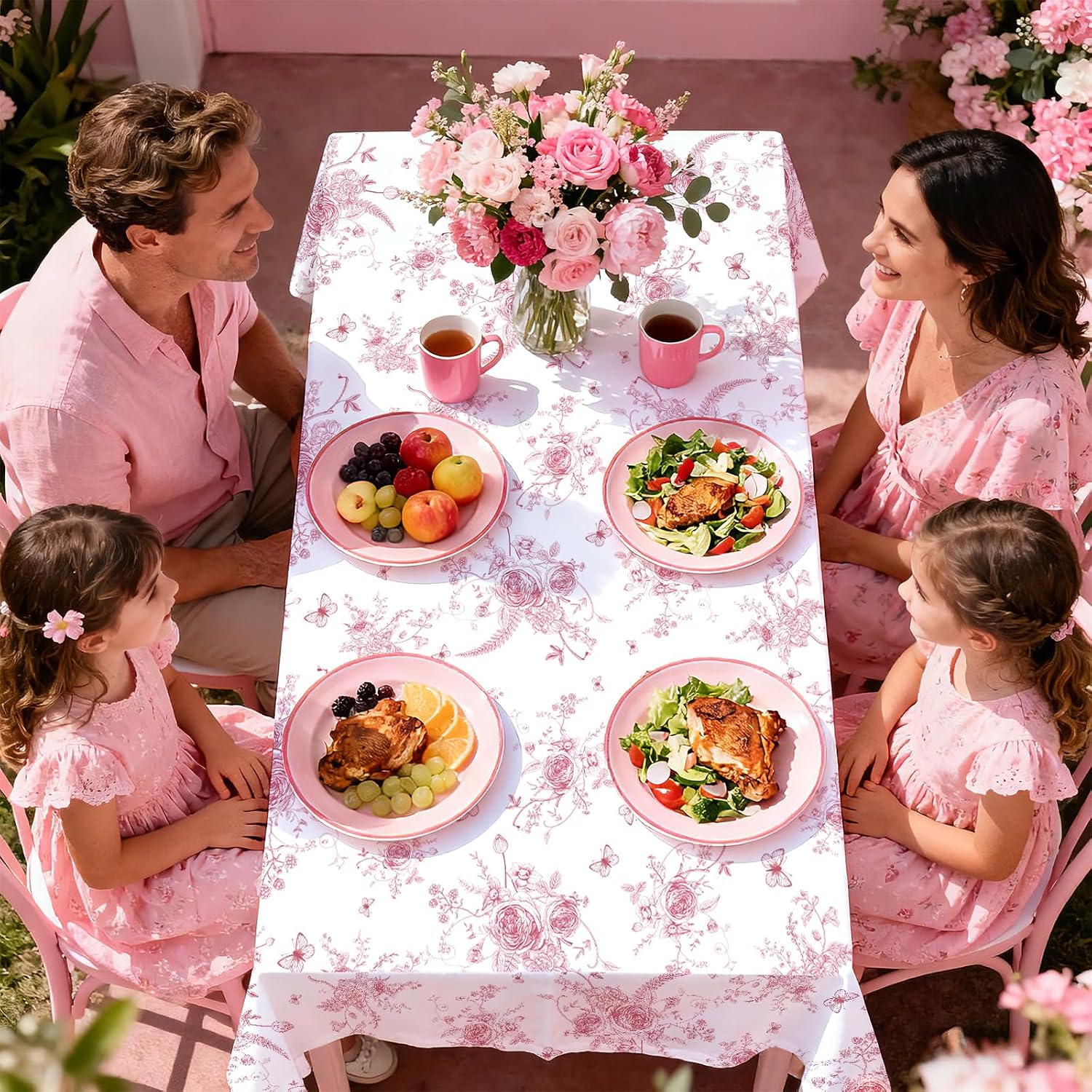 Package contents infographic showing 3 Grencian pink floral tablecloths