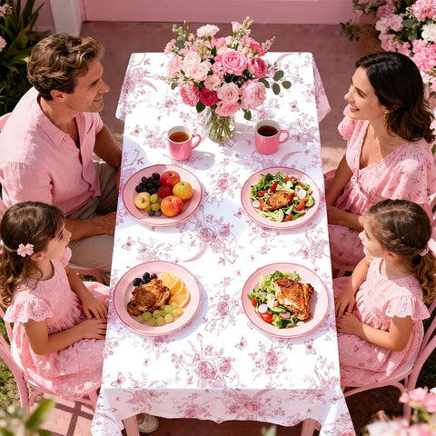 Package contents infographic showing 3 Grencian pink floral tablecloths