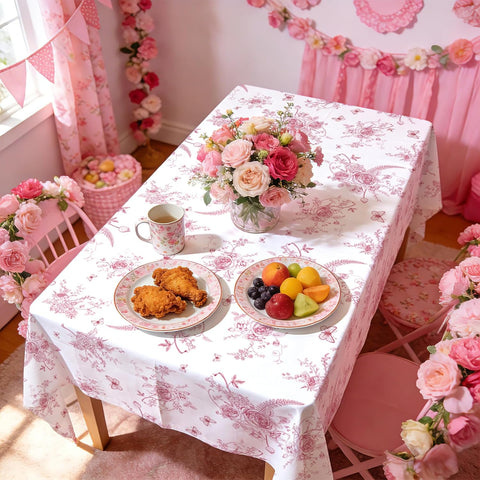 Spring summer Mother's Day tea party scene with pink floral tablecloth