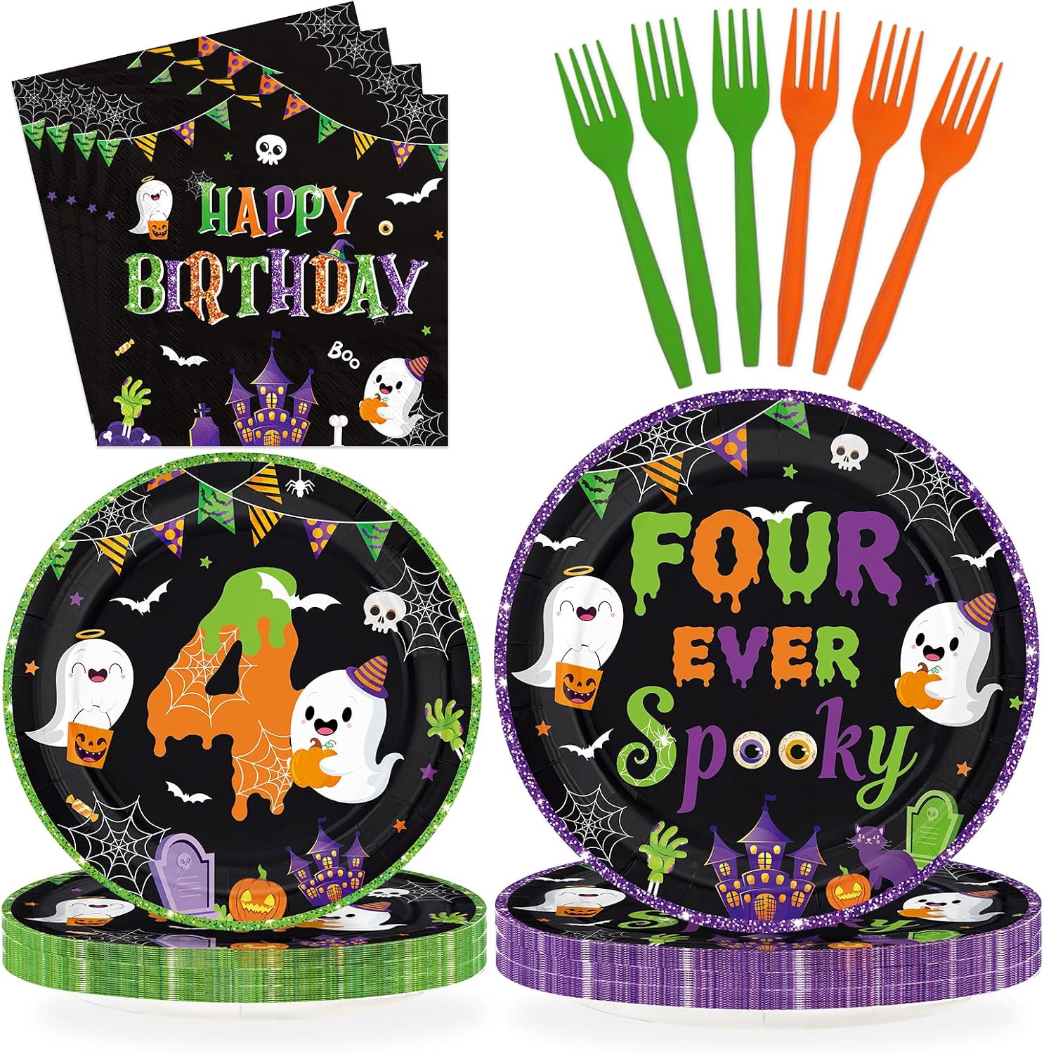Grencian 96Pcs Four Ever Spooky 4th birthday Halloween set