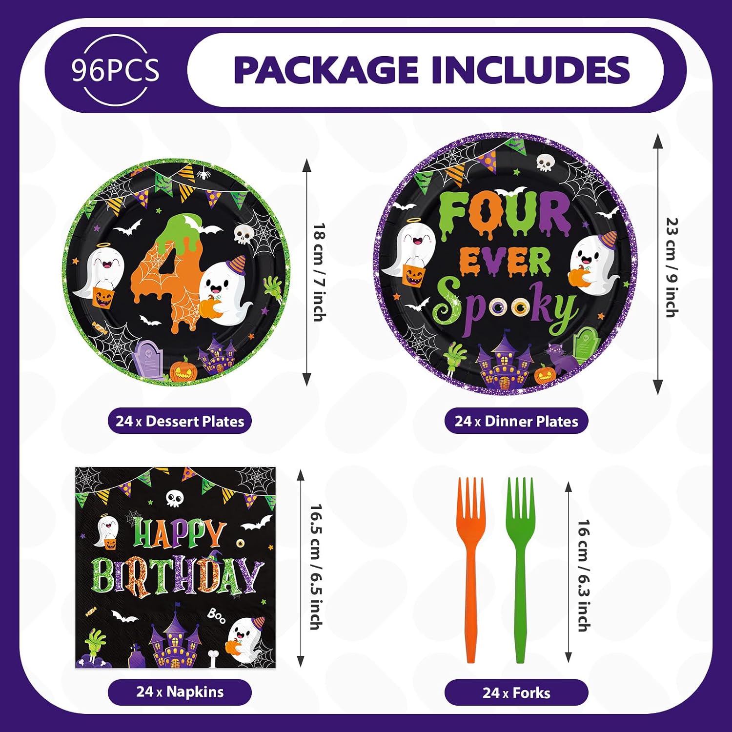 Purple green four ever spooky plates and napkins flat lay