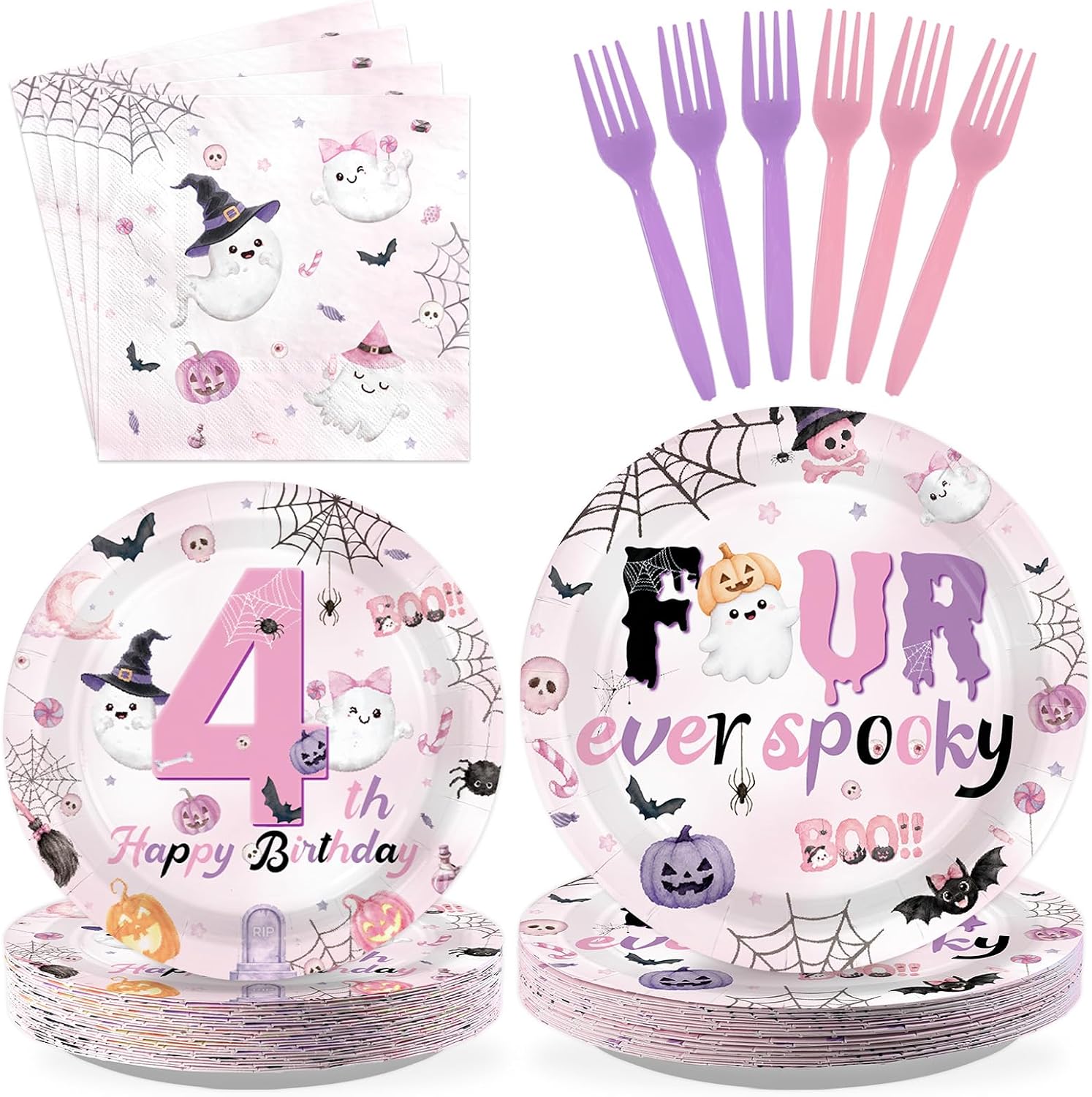 Greencian 96Pcs Four Ever Spooky Halloween 4th Birthday Plates - Grencian
