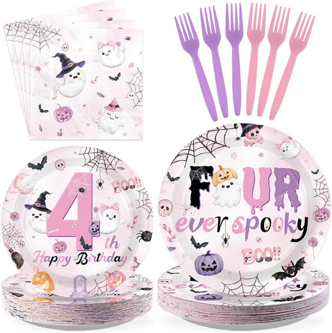 Greencian 96Pcs Four Ever Spooky Halloween 4th Birthday Plates - Grencian