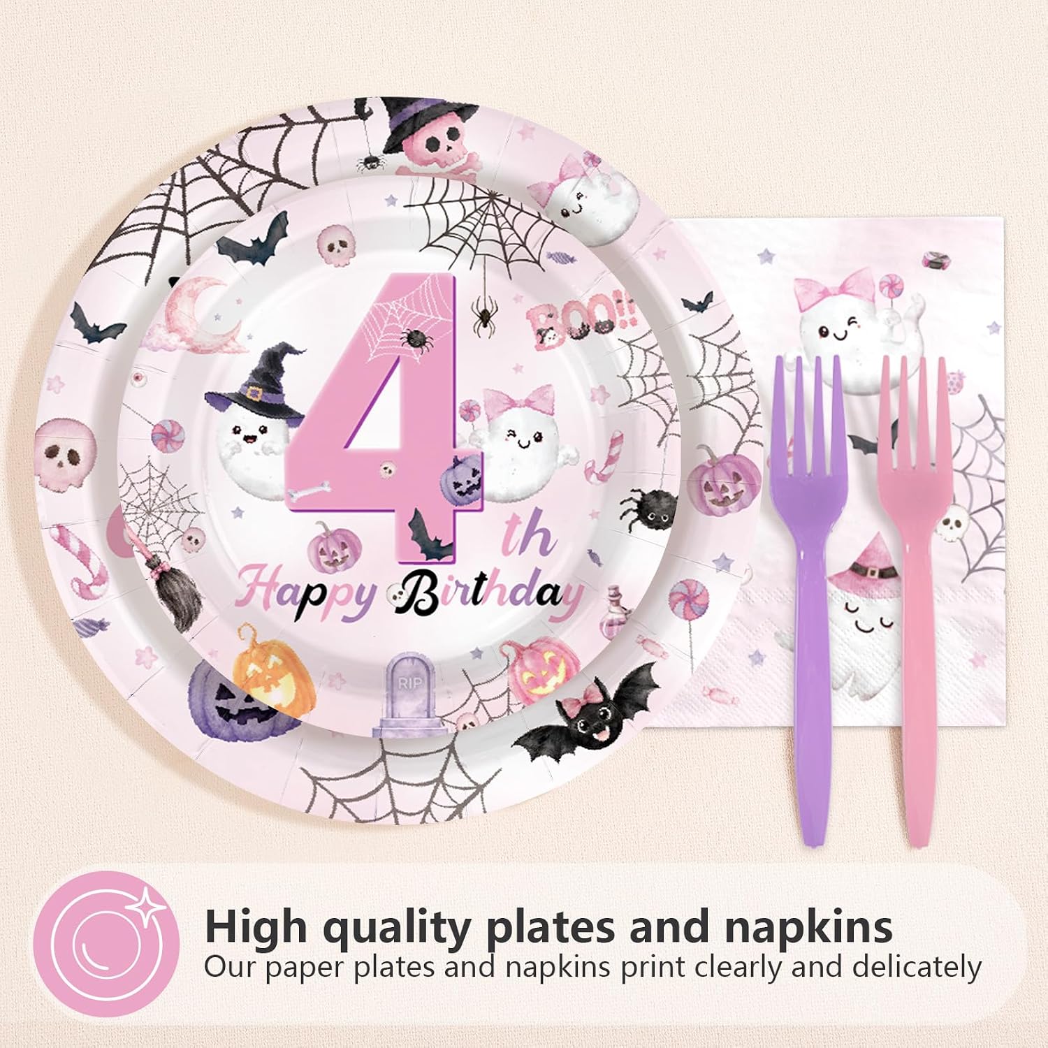 Greencian 96Pcs Four Ever Spooky Halloween 4th Birthday Plates - Grencian