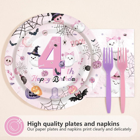 Greencian 96Pcs Four Ever Spooky Halloween 4th Birthday Plates - Grencian