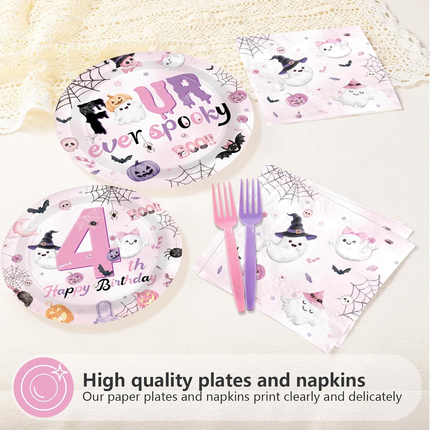 Greencian 96Pcs Four Ever Spooky Halloween 4th Birthday Plates - Grencian