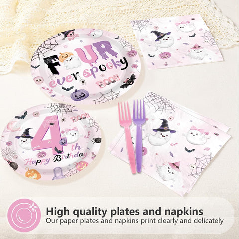 Greencian 96Pcs Four Ever Spooky Halloween 4th Birthday Plates - Grencian