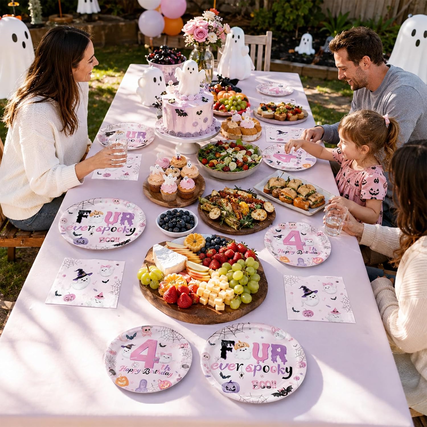 Greencian 96Pcs Four Ever Spooky Halloween 4th Birthday Plates - Grencian