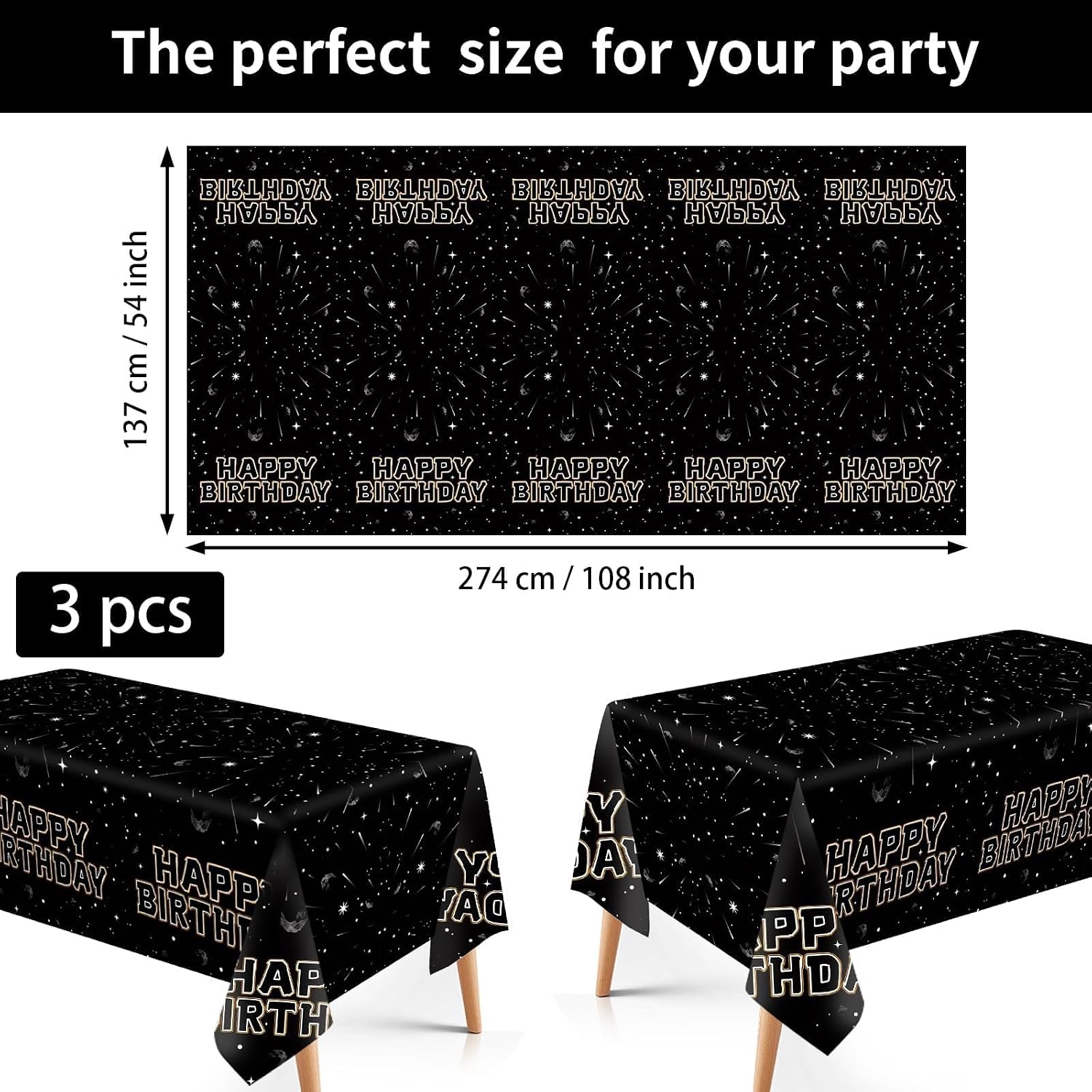 Flat lay of three star galaxy tablecloths with universe pattern