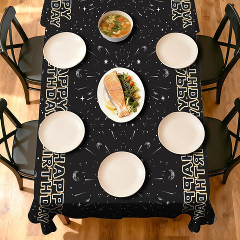 Package contents infographic showing 3 Grencian galaxy tablecloths