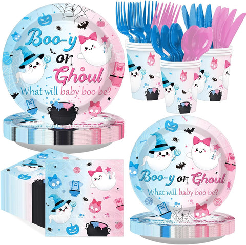 168 piece Booy or Ghoul gender reveal tableware set