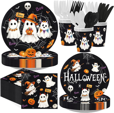 Grencian 168Pcs Halloween Ghost Boo Bat Tableware Set - Grencian