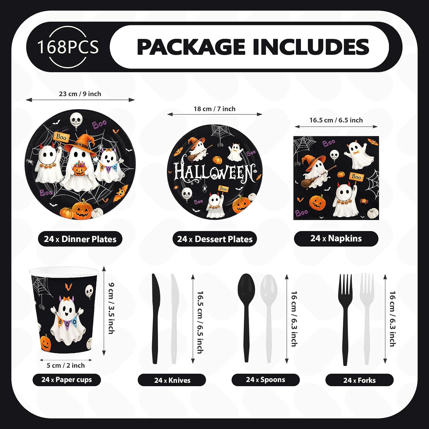 Grencian 168Pcs Halloween Ghost Boo Bat Tableware Set - Grencian