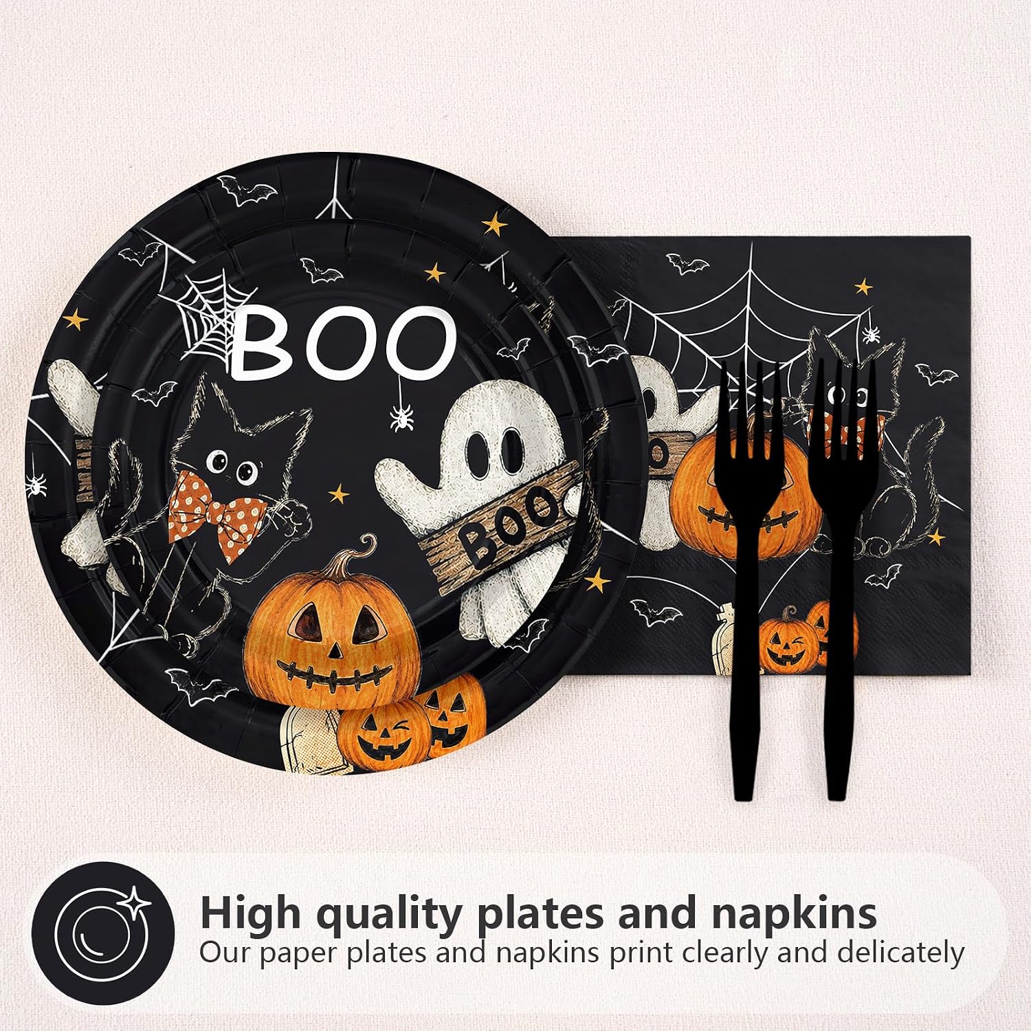 Black Halloween dinner plates with chalk art ghost black cat and Boo lettering