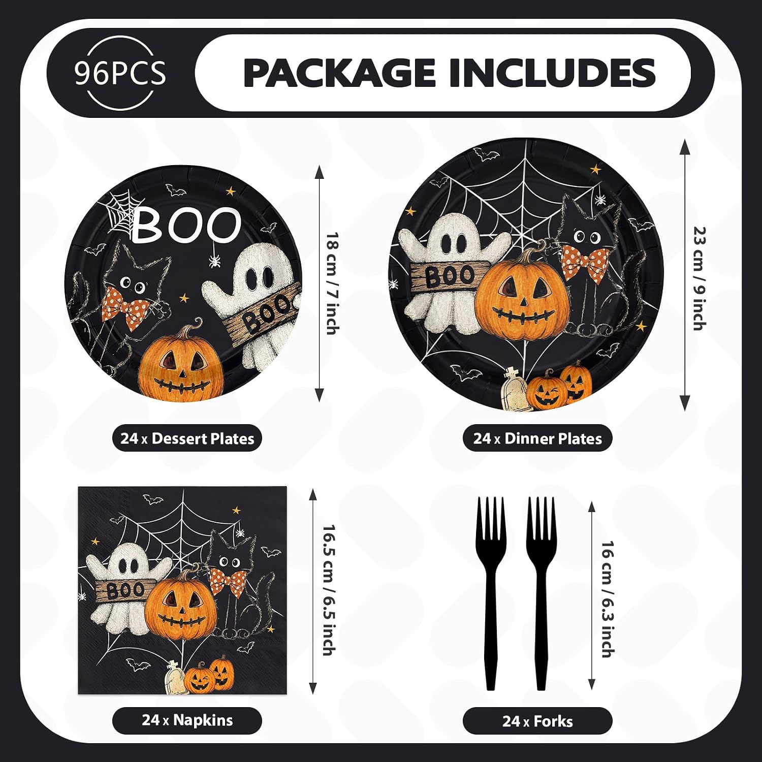 Stack of 24 nine inch black Halloween dinner plates with ghost design