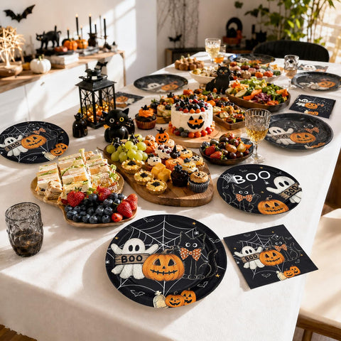 Black cat and ghost Halloween paper plates laid out for a fall party