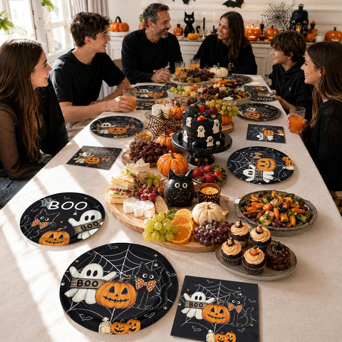 Close up of the Boo lettering on a black cat ghost Halloween plate