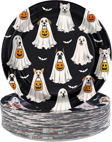 50 pack black Halloween ghost dog paper plates 7 inch