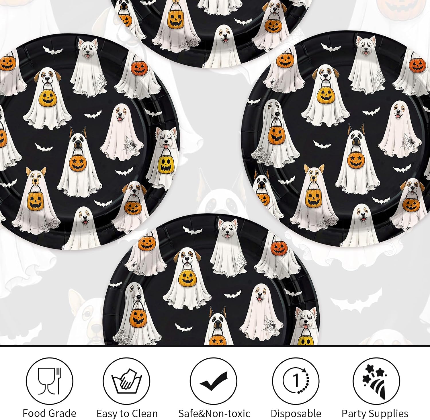Ghost dog and pumpkin bucket design on a black party plate