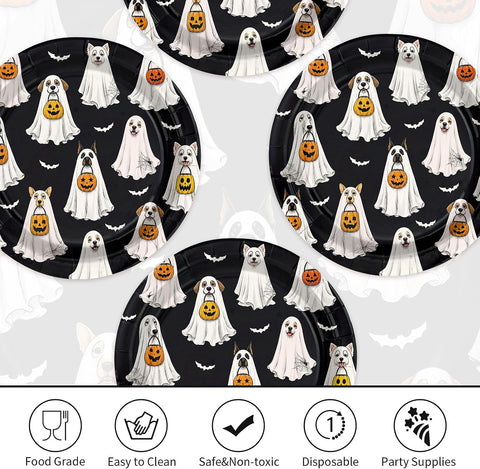 Ghost dog and pumpkin bucket design on a black party plate