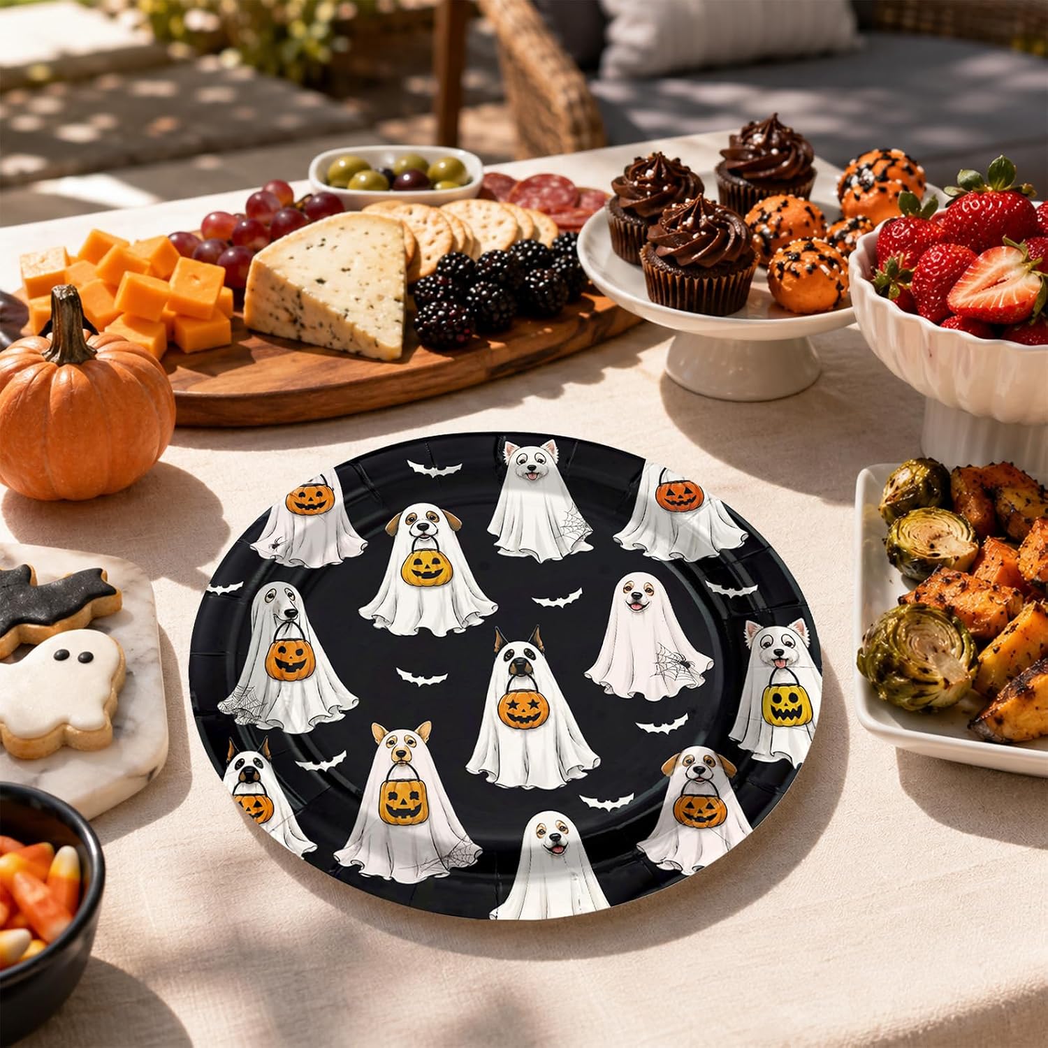 Stack of Halloween ghost dog paper plates