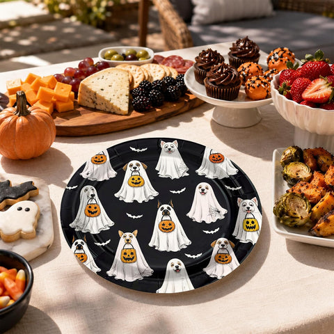 Stack of Halloween ghost dog paper plates