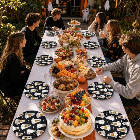 Party table styled with the black ghost dog plates