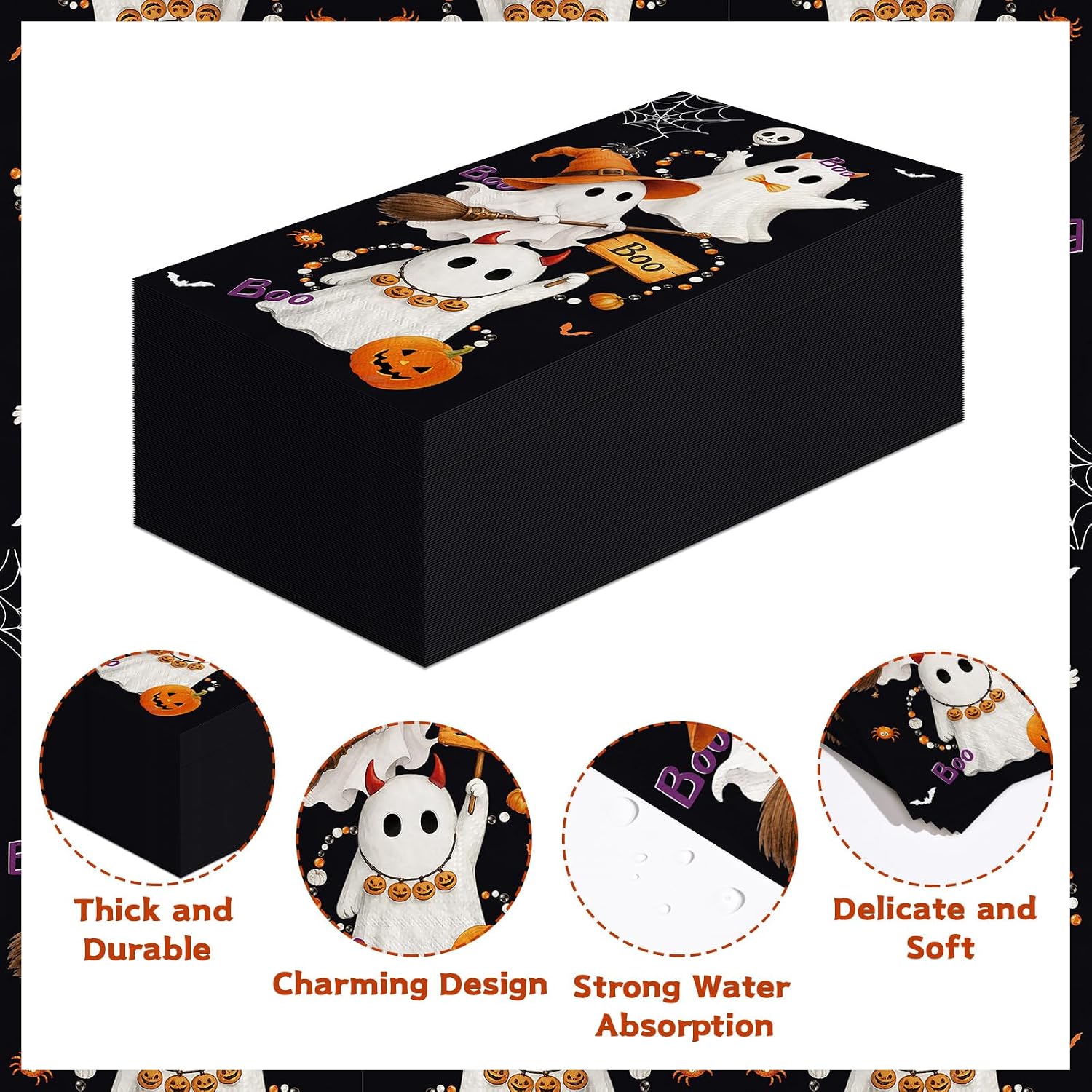 Packaging of the 3 ply Halloween ghost cocktail napkins