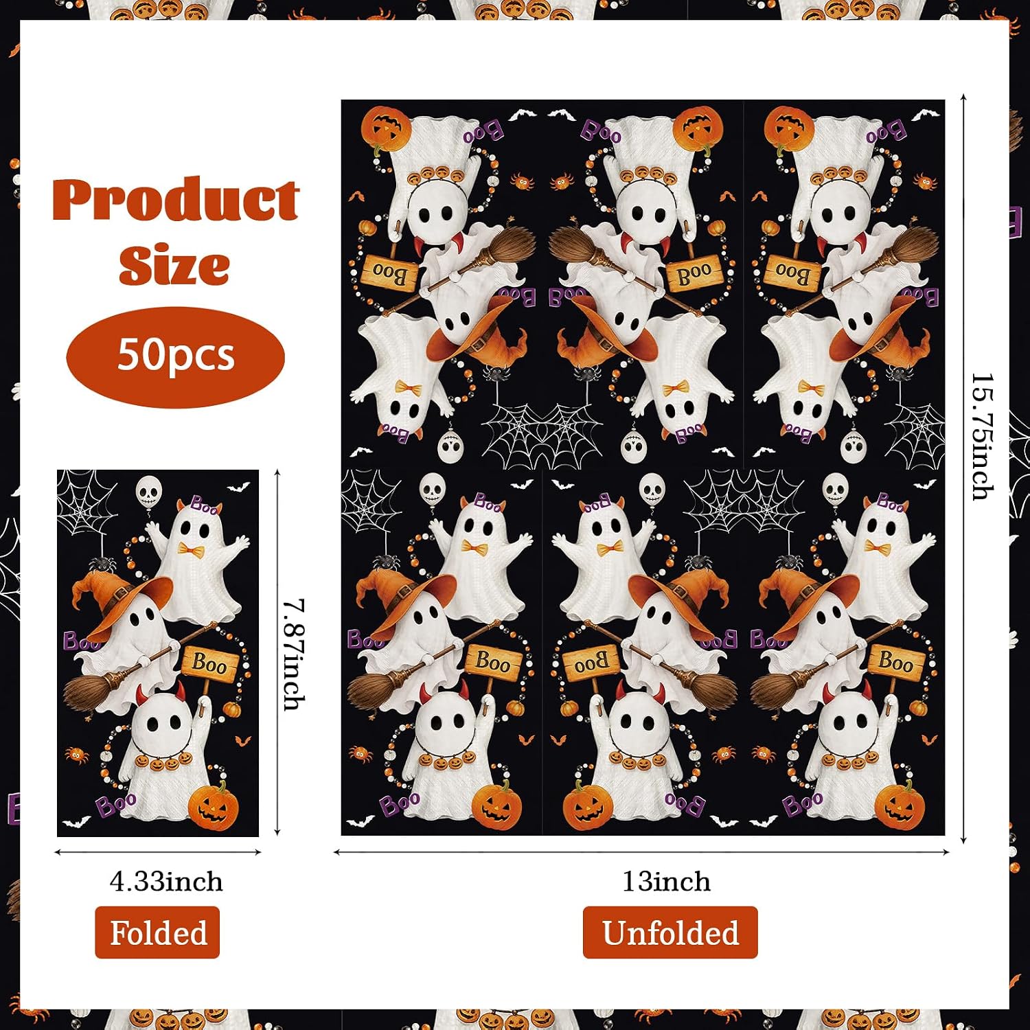 Product size of the 6.5 inch Halloween ghost napkins
