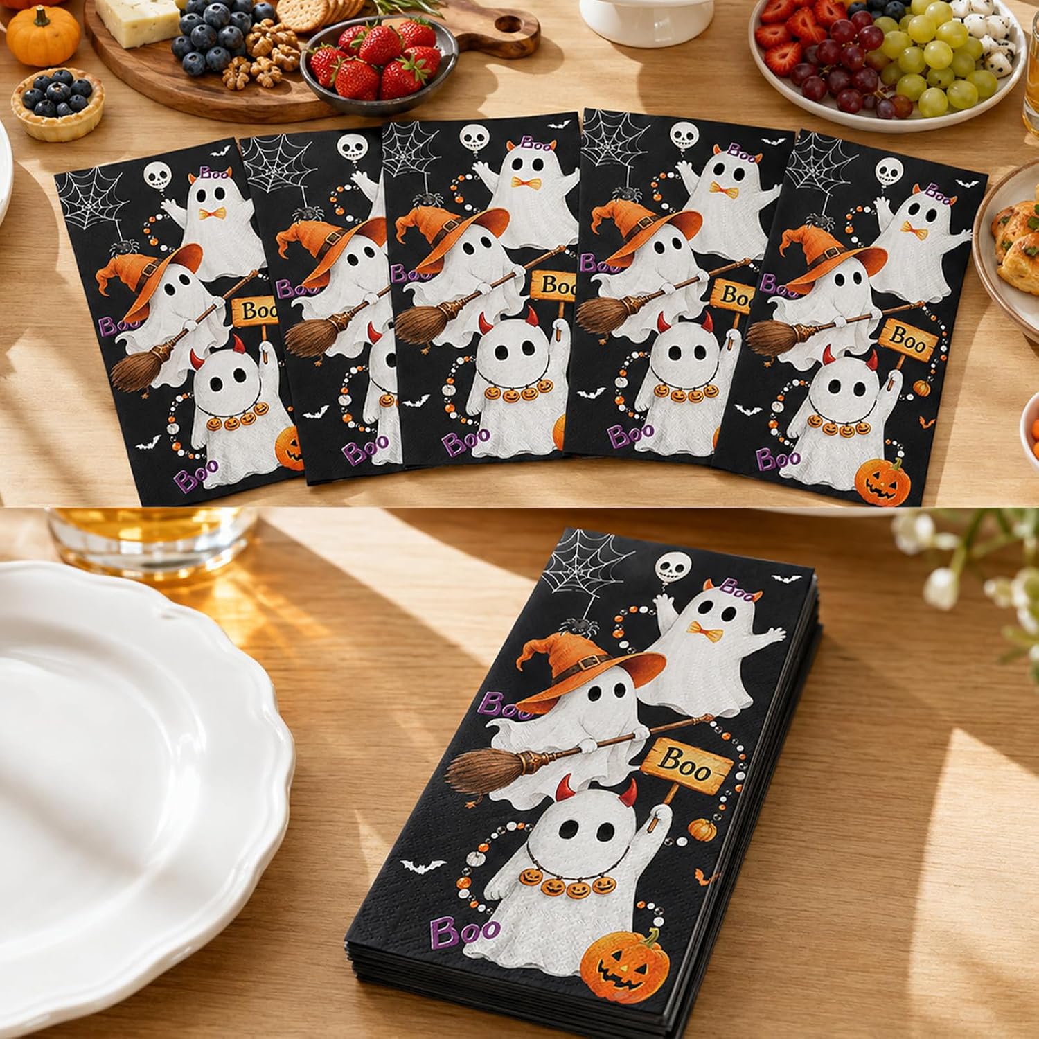 Set of Halloween ghost napkins on a black table