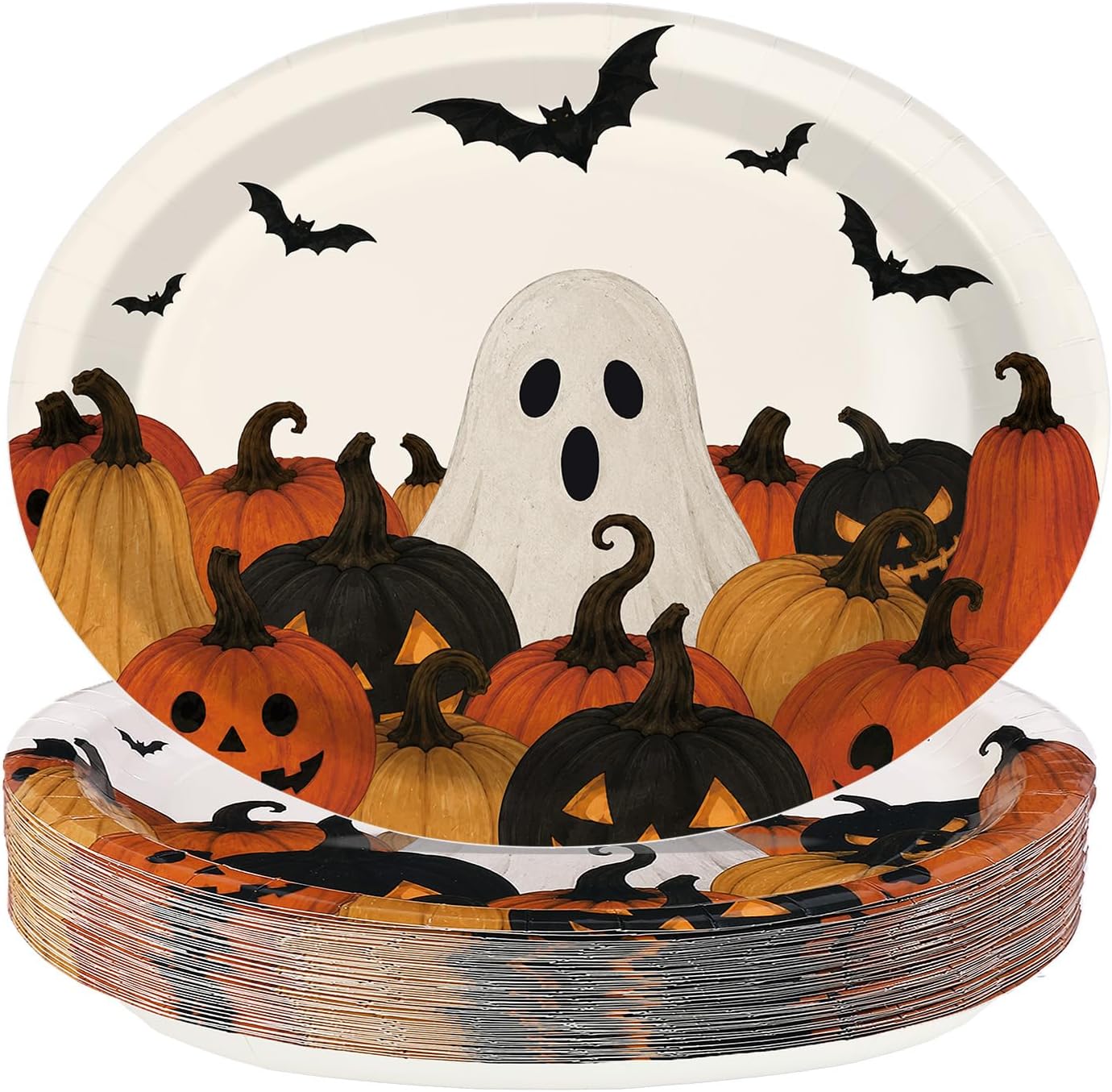 50Pcs Halloween Ghost Pumpkin Oval Paper Plates 10x12 - Grencian