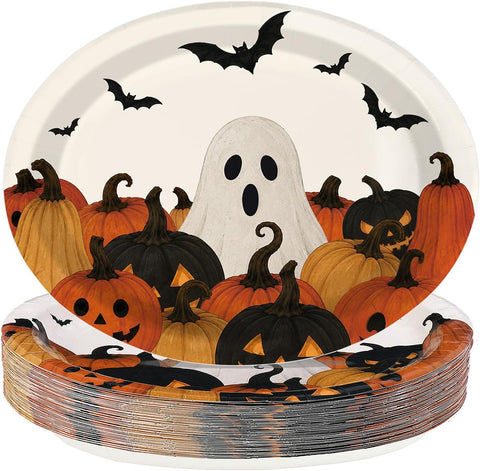 50Pcs Halloween Ghost Pumpkin Oval Paper Plates 10x12 - Grencian