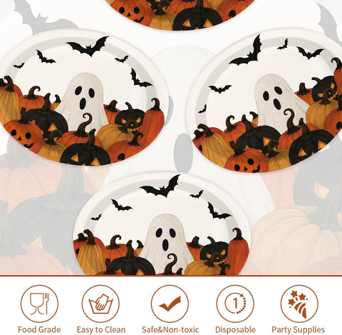 50Pcs Halloween Ghost Pumpkin Oval Paper Plates 10x12 - Grencian