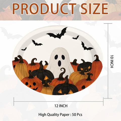 50Pcs Halloween Ghost Pumpkin Oval Paper Plates 10x12 - Grencian