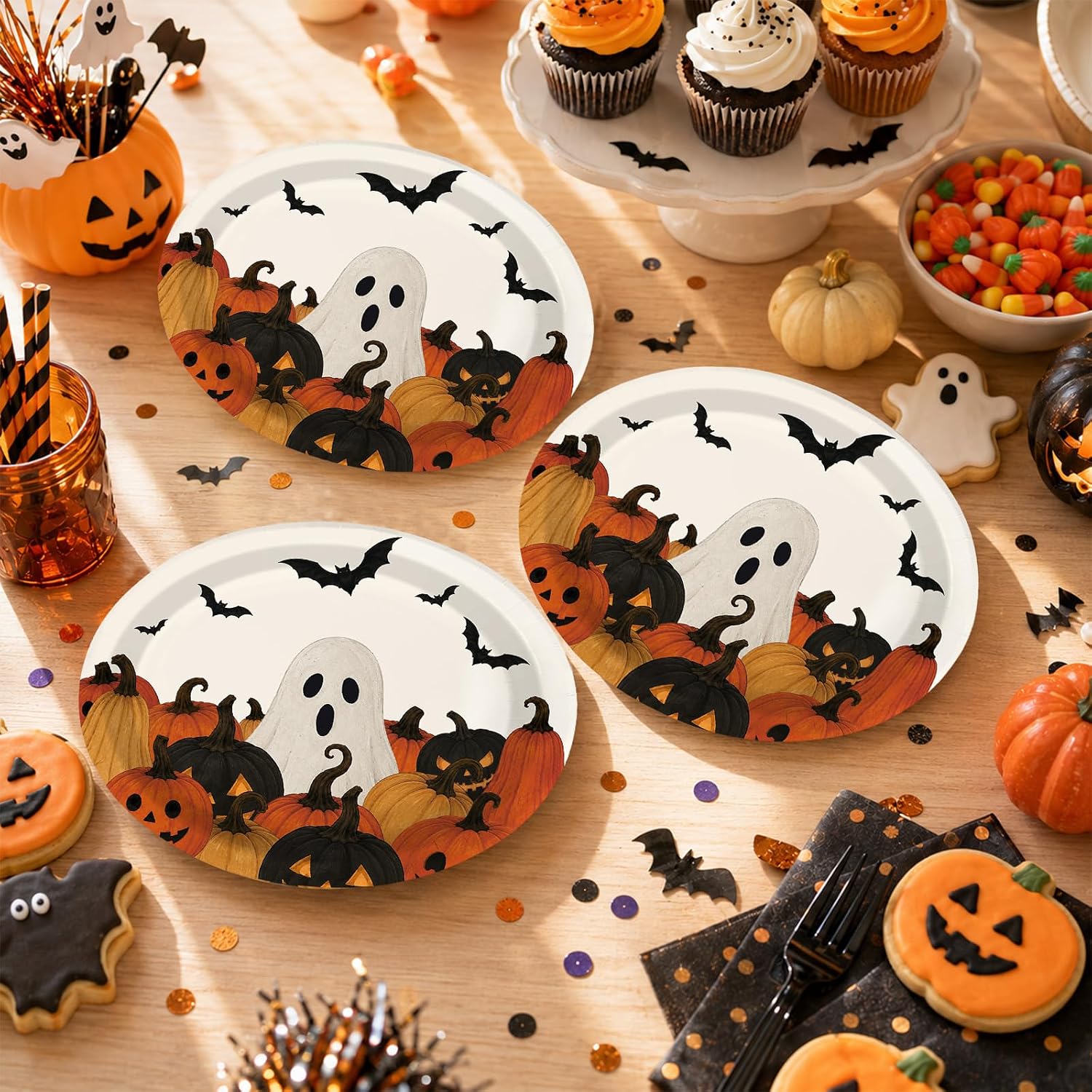 50Pcs Halloween Ghost Pumpkin Oval Paper Plates 10x12 - Grencian