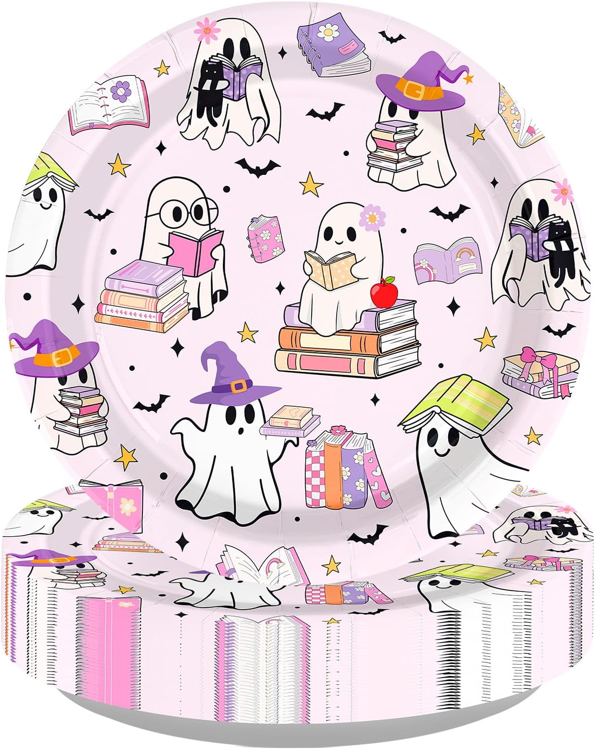 Grencian 50Pcs Halloween ghost reading book paper plates 9 inch