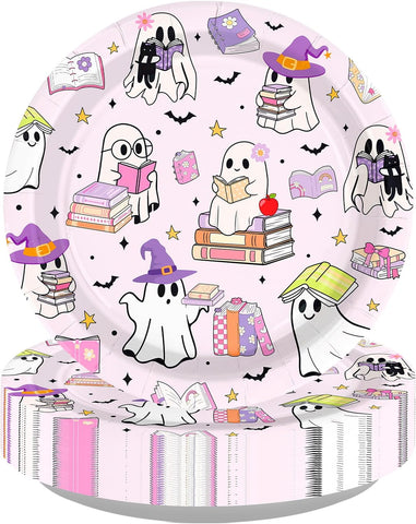 Grencian 50Pcs Halloween ghost reading book paper plates 9 inch