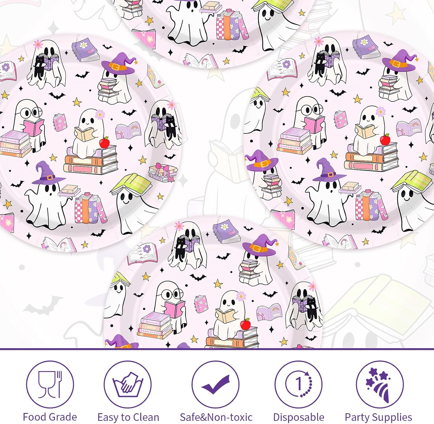 Ghost reading book design on the 9 inch Halloween paper plates