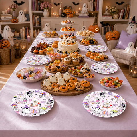 Halloween table setting with the ghost reading plates and food
