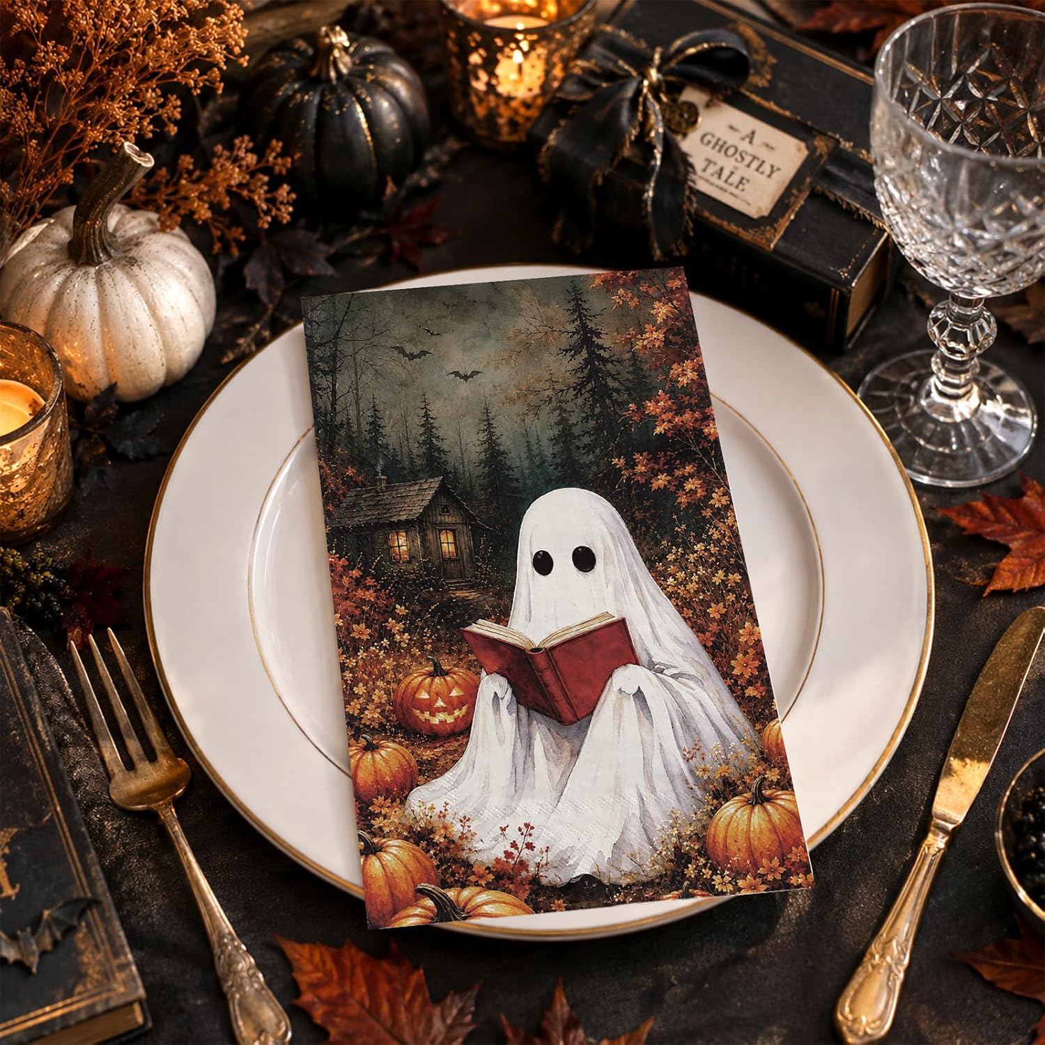 Vintage ghost reading a book napkin artwork