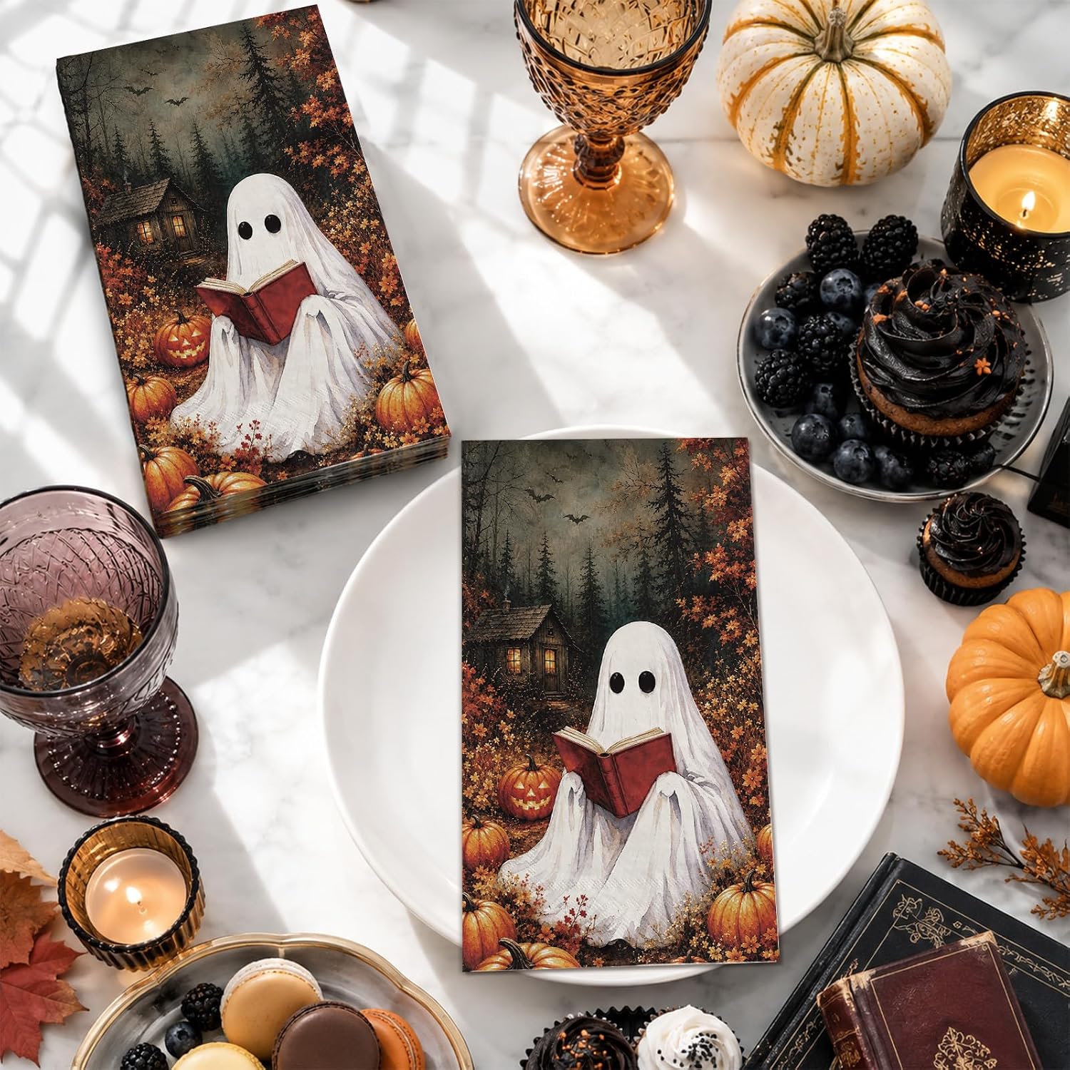 Fall dinner table styled with the ghost napkins