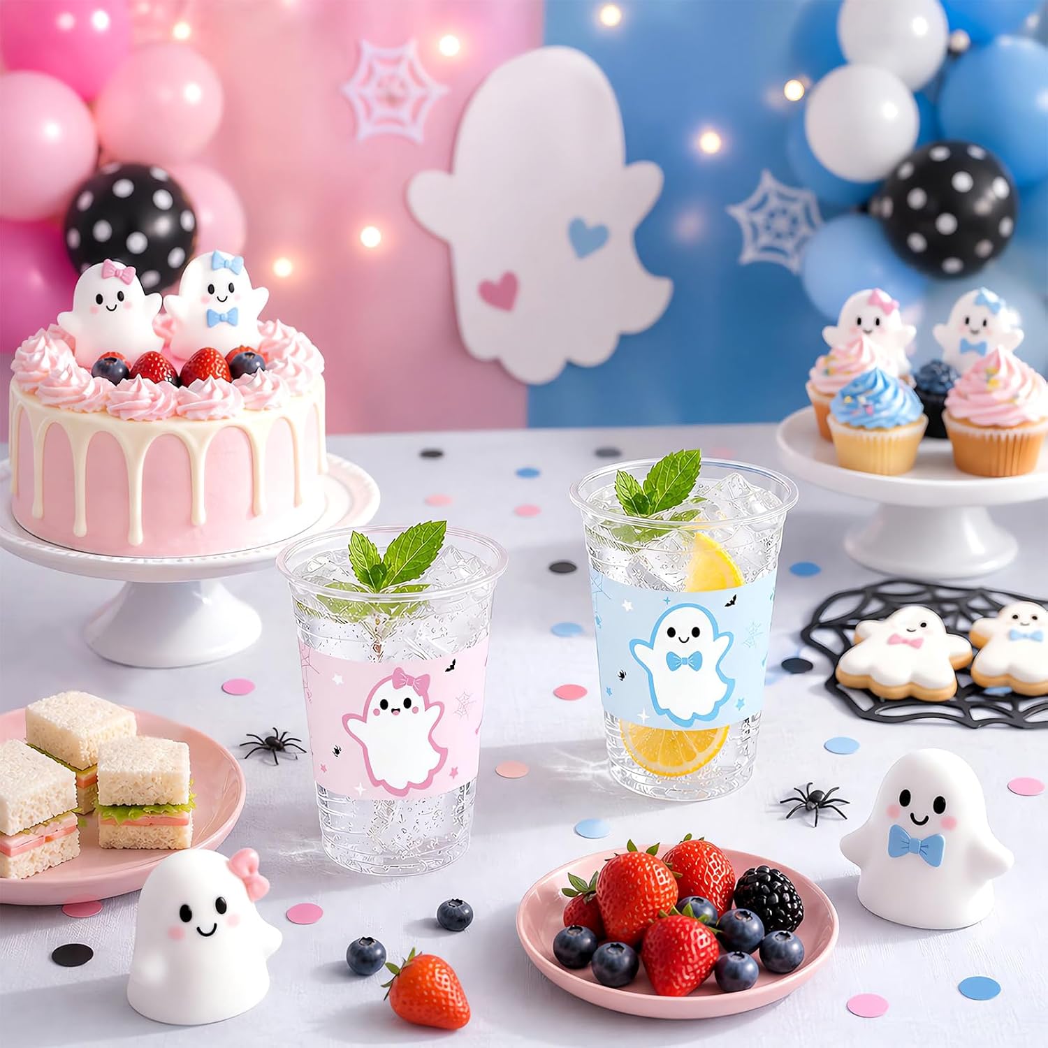 Halloween gender reveal table with the ghost cups
