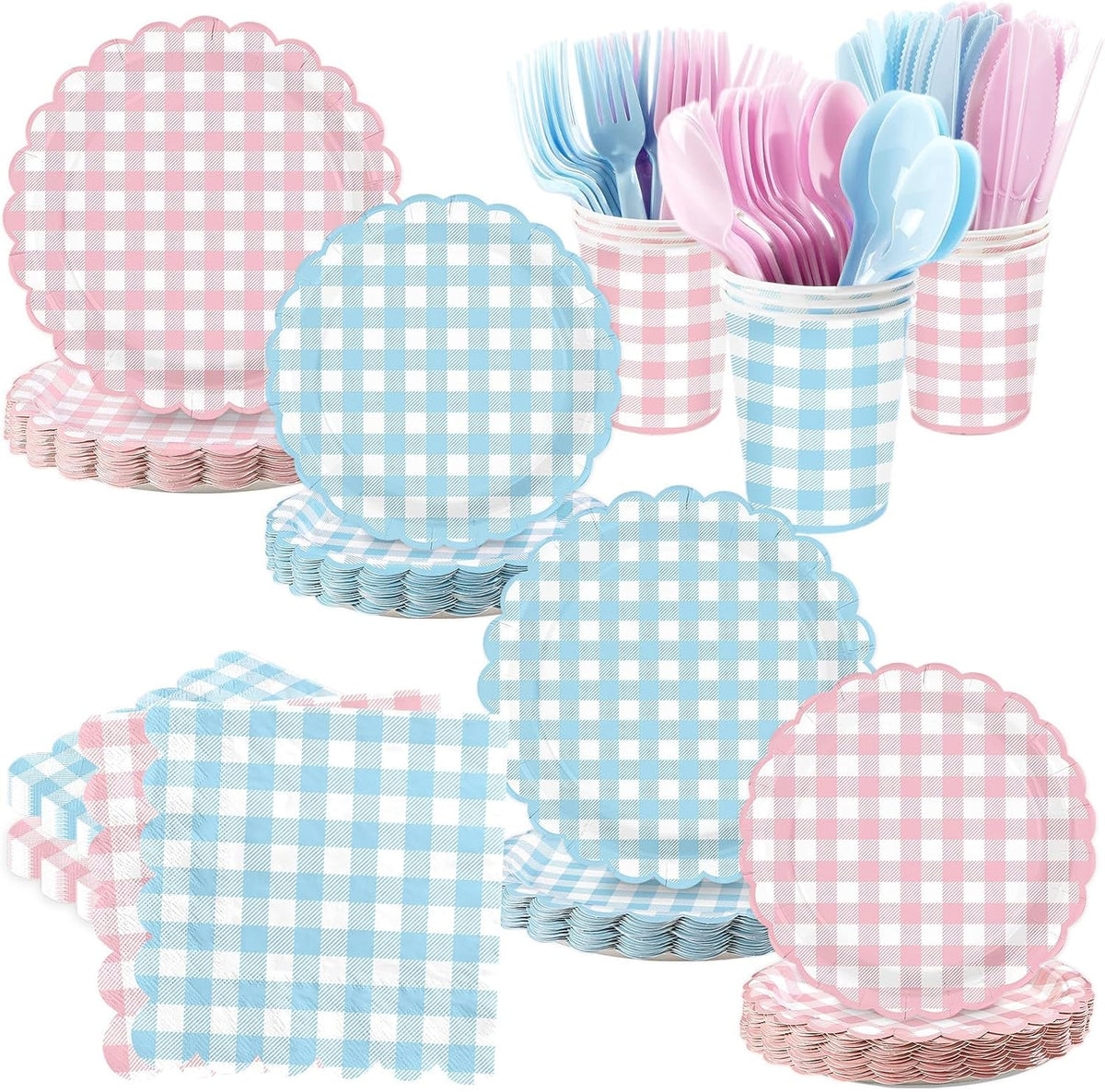 350Pcs Pink Blue Gingham Party Supplies Serves 50 - Grencian