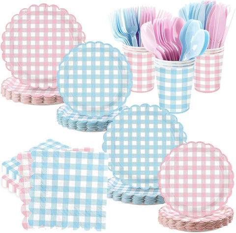 350Pcs Pink Blue Gingham Party Supplies Serves 50 - Grencian