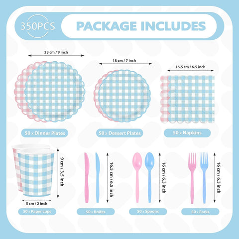 350Pcs Pink Blue Gingham Party Supplies Serves 50 - Grencian