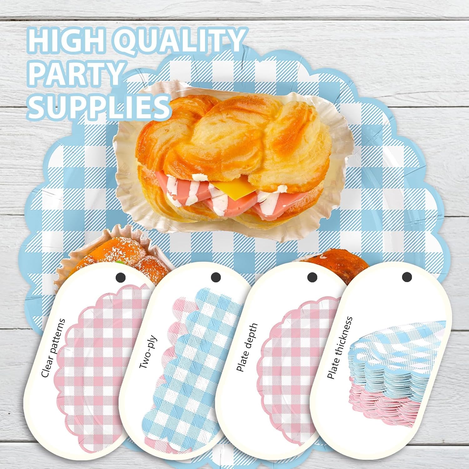 350Pcs Pink Blue Gingham Party Supplies Serves 50 - Grencian