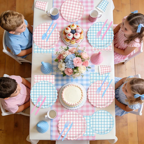 350Pcs Pink Blue Gingham Party Supplies Serves 50 - Grencian