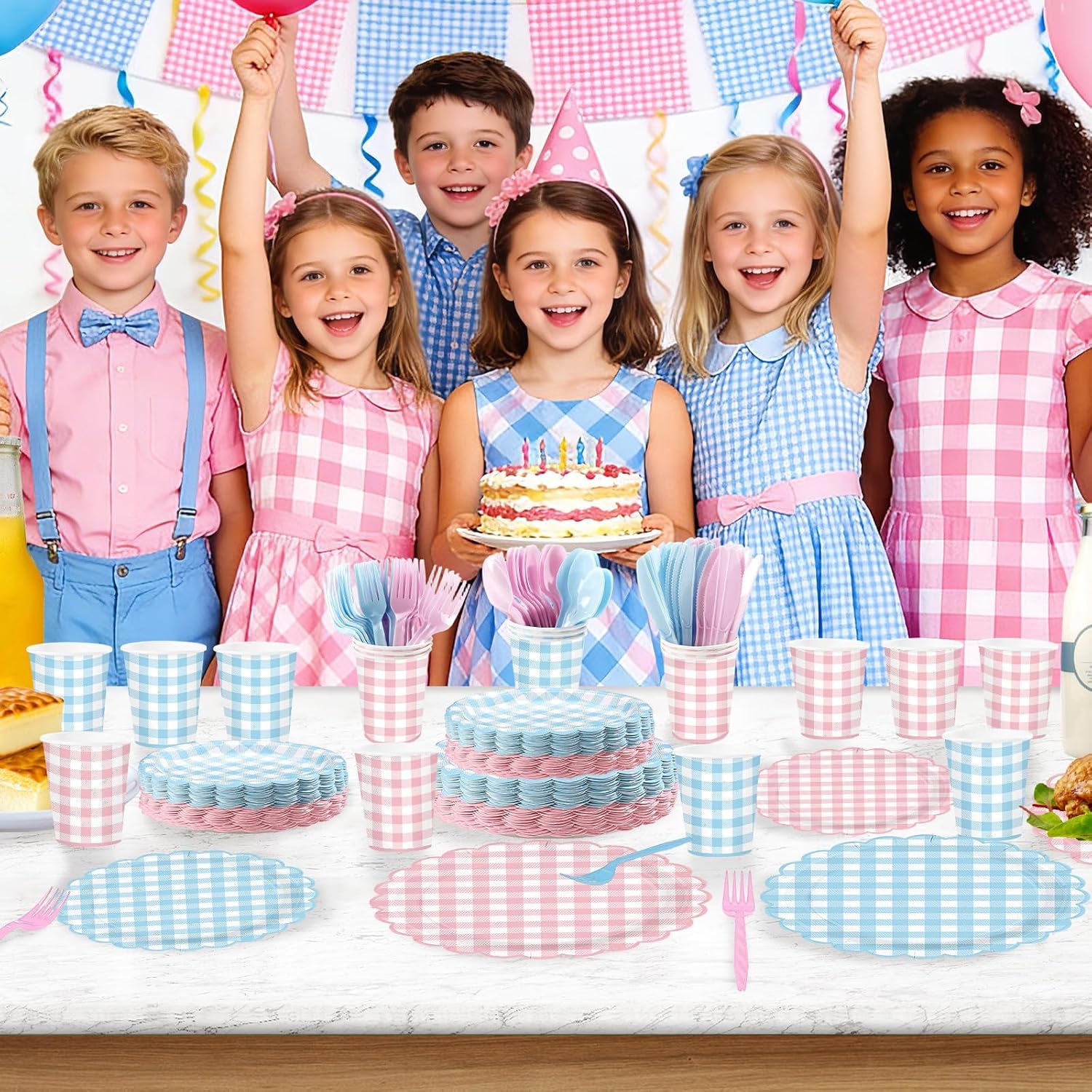 350Pcs Pink Blue Gingham Party Supplies Serves 50 - Grencian