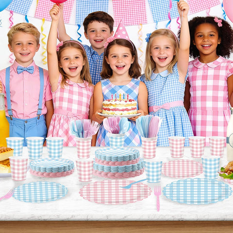 350Pcs Pink Blue Gingham Party Supplies Serves 50 - Grencian